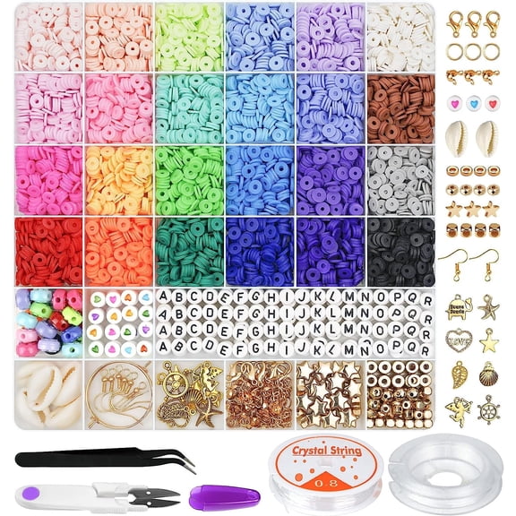 6100 Polymer Clay Beads for Bracelets Aesthetic Kit 24 Colors Flat Heishi Beads for Jewelry Making DIY Set with Letter, Smiley Face Beads and Charms etc