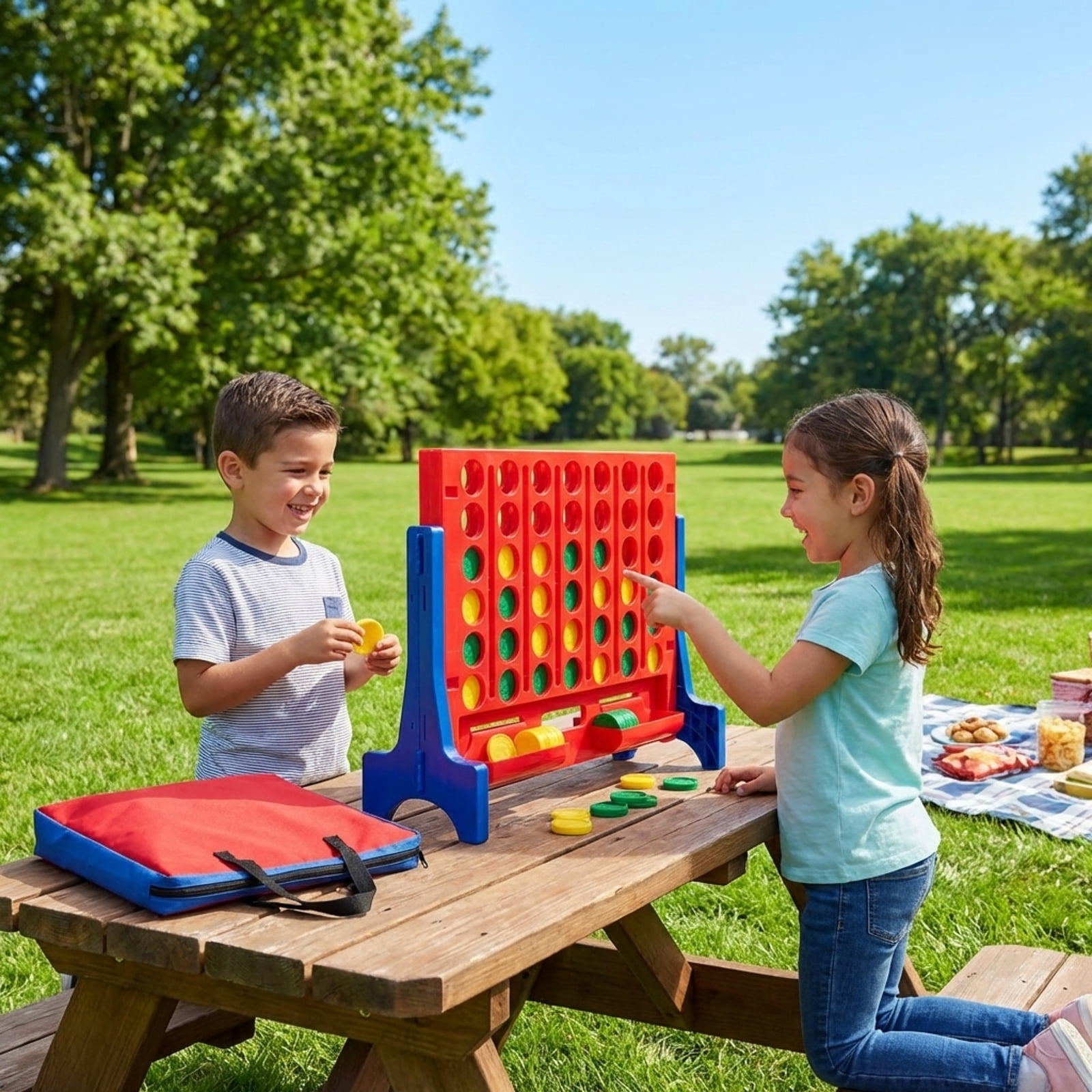Redsmile Jumbo 4-to-Score Connect Game Set with Carrying Bag and 42 Coins in Blue - Family Game Night Entertainment for All Ages Indoor Outdoor Yard Party Fun