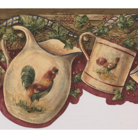 White Cup Kettle with Rooster Hanging on Hooks Red Berries Maroon Vintage Wallpaper Border Retro Design, Roll 15' x