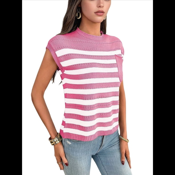 Suéter Informal de Cuello Redondo y Rayas con Aguja Gruesa para Mujer, Rosa, Talla M