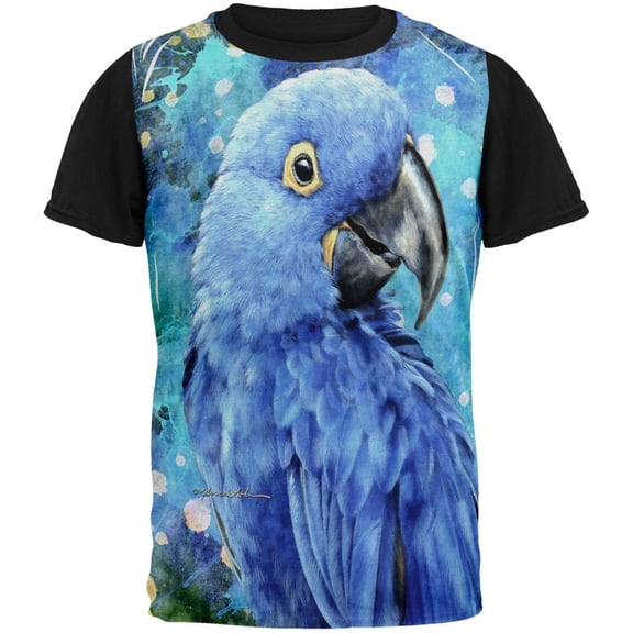 Blue Hyacinth Macaw Splatter All Over Mens Black Back T Shirt Multi SM