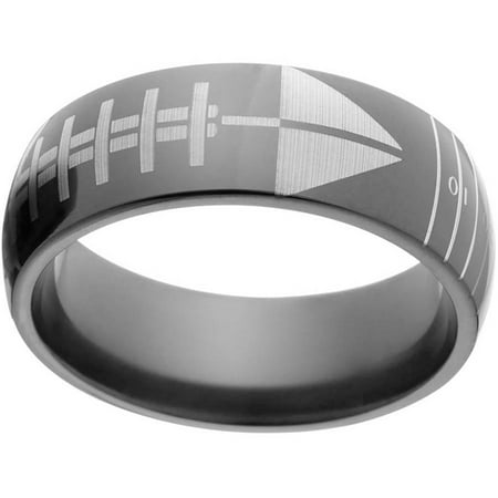 8mm Half-Round Black Zirconium Ring with a Laser Football and Yard Lines