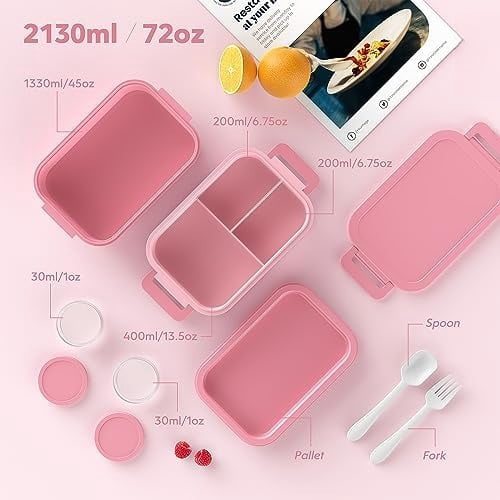 Bento Lunch Box for Adults - 3 Layers Leak-Proof Stackable Bento Box for Adults, 72oz Large-Style All-in-One Adult Lunchbox Bento Box with Utensil Accessories for Dining Out,Work, Pink