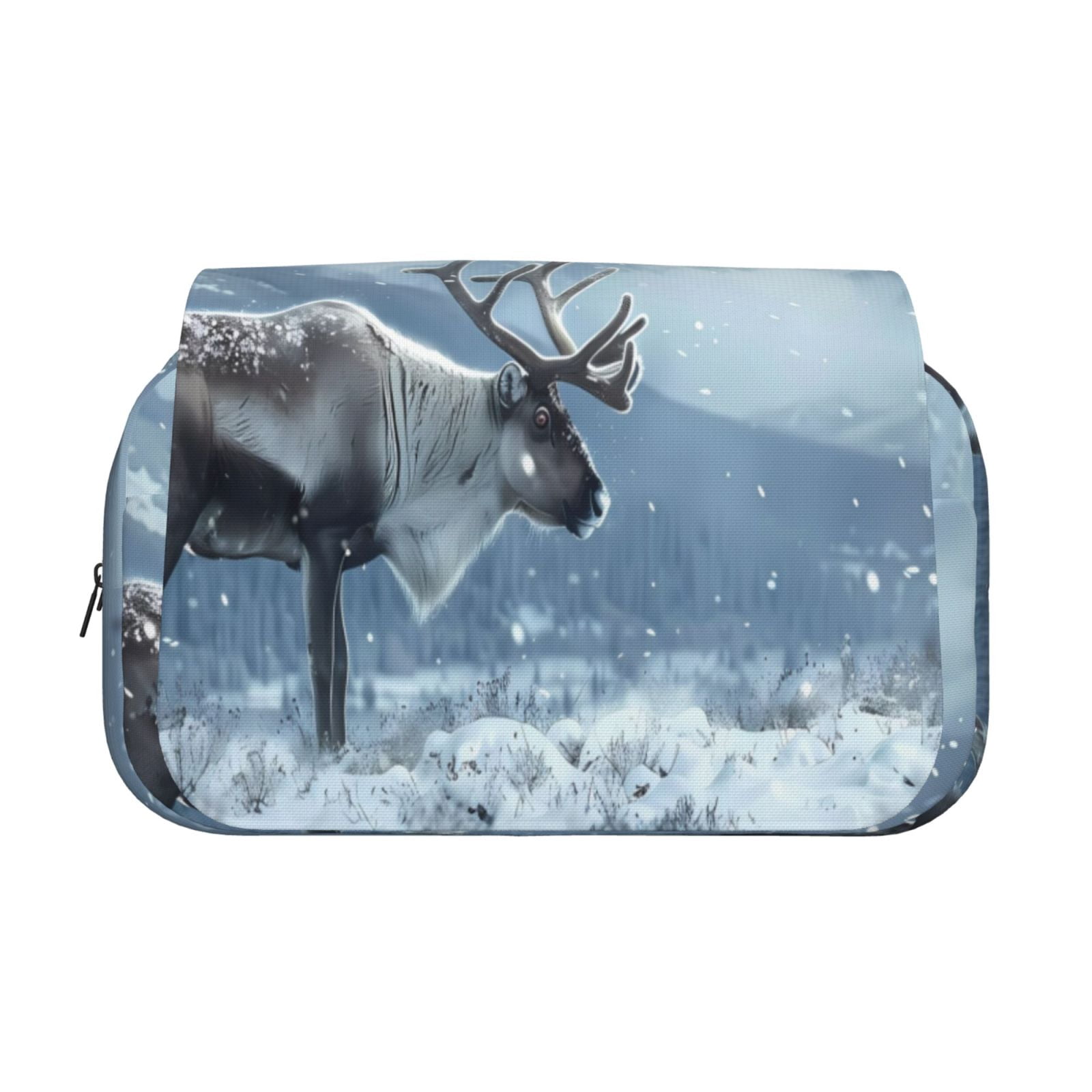 Rateoe Winter Reindeer In Snowy Mountains Pattern Double Clamshell Pen Case, Storage Organizer with Two Zipper Compartments– Holds Up to 50 Pencils & Pens