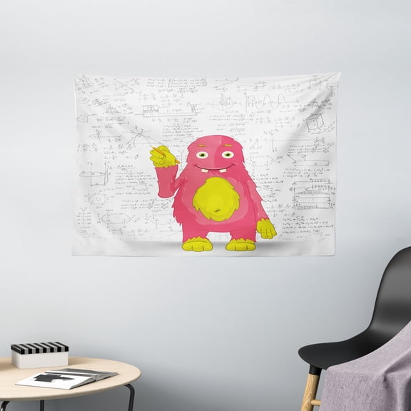 Kids Decor Tapestry, Funny Smart Monster Doing Math on Wall Science Nerds Comic Illustration, Wall Hanging for Bedroom Living Room Dorm Decor, 60W X 40L Inches, Pink Yellow White, by Ambesonne