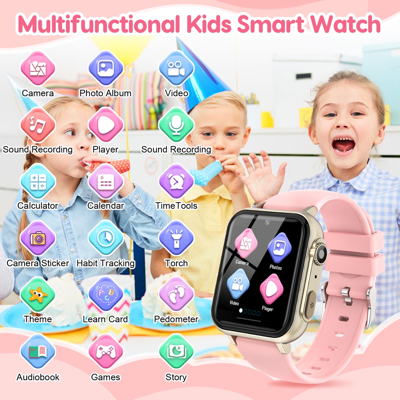 Eurhowing Kids Smart Watch Age 3-12, 31 Games, Learning Cards, HD Touch Screen, Camera, Music, Audiobook, Pedometer, Fun & Educational Birthday Gift Idea, Pink