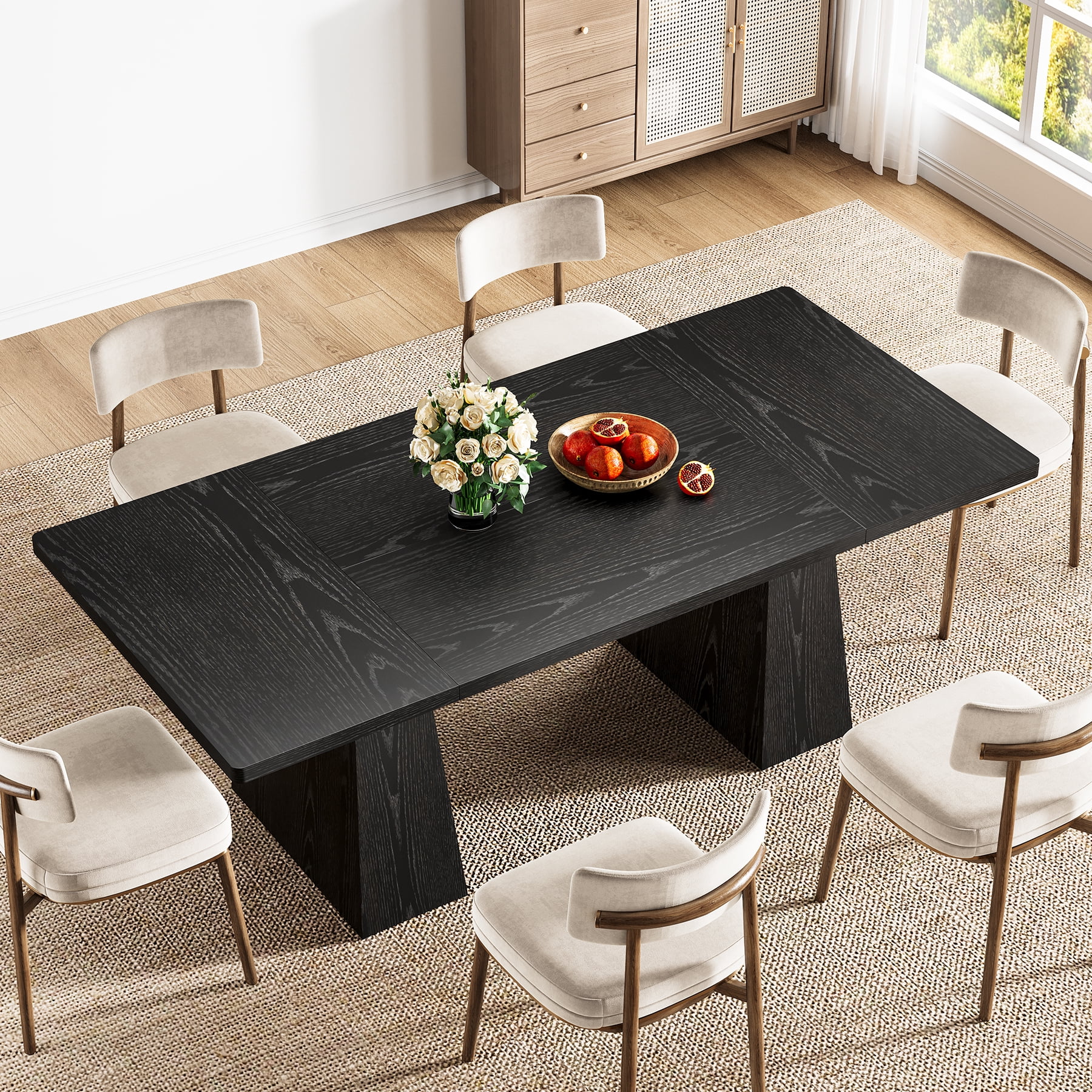 Finmind 63-inch Farmhouse Dining Table for 4-6 People, Modern Wooden Rectangular Kitchen Table for Dining Room, Black