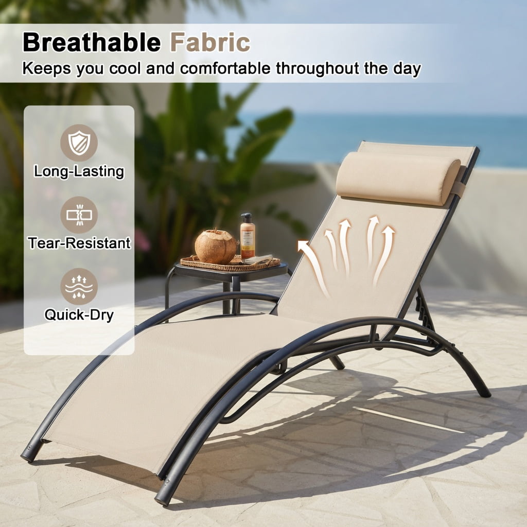 Hommoo 2-Piece Outdoor Chaise Lounge Set with 5-Position Adjustable Reclining Backrest, Heavy-Duty Metal Frame, Breathable All-Weather Fabric, Beige