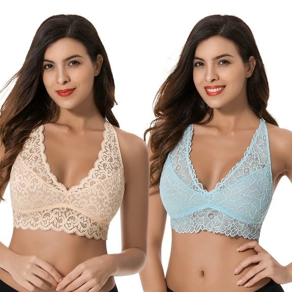 Curve Muse Plunge Bralette with Floral Lace-2pack-BLUE,LIGHT PINK-S