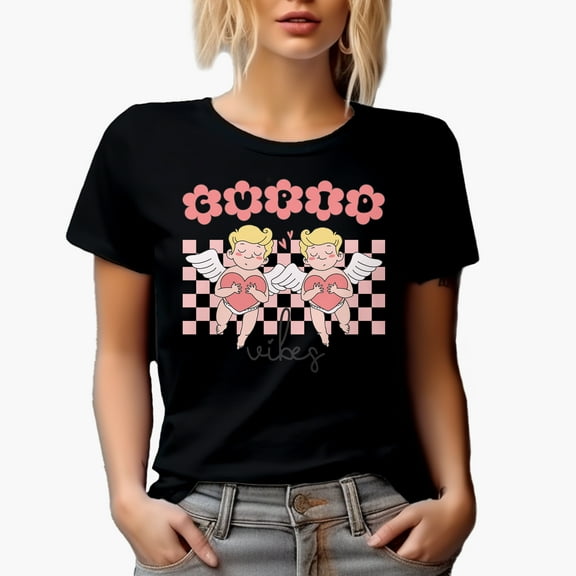 Cute Cupid Vibes, Retro Valentine's Day Gift, Black T-Shirt, Small
