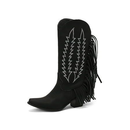 

SIMANLAN Women Casual Western Boot Wide-Calf Tassel Boots Dress Comfort Embroidered Black 4.5