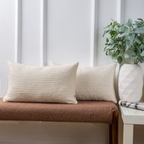 Ashler Soft Corduroy Velvet Striped Solid Throw Pillow Cushion, Off White, 12 x 20 inch, 2 Packs