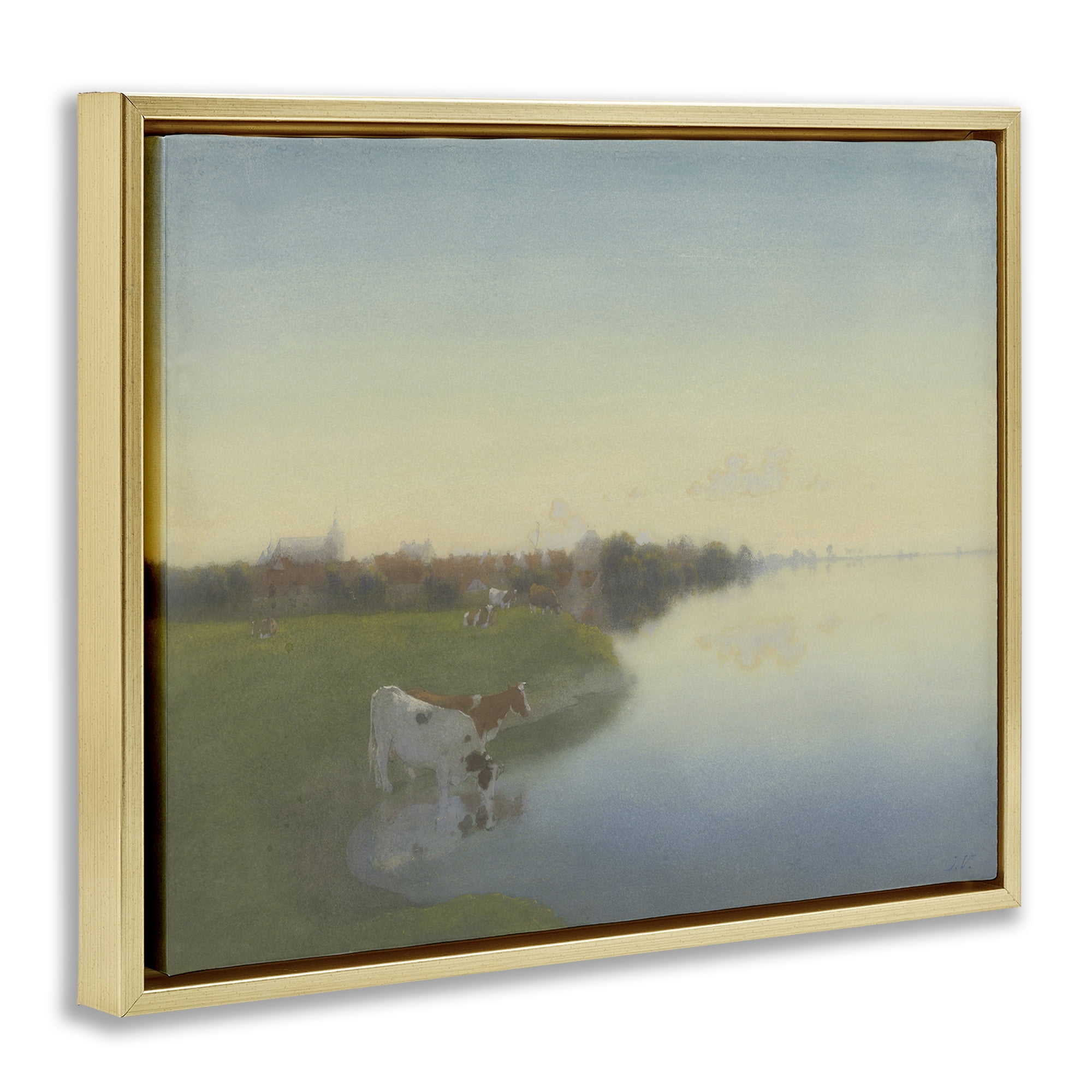 Stupell Industries Cows in Serene Shore Landscape & Nature Painting Gold Floater Framed Canvas Art Print Wall Art, 31 x 25