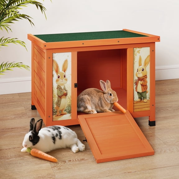 24'' Small Rabbit Hutch Outdoor, Bunny Cage for Small Animal with Weatherproof & Openable Top, Wooden Cat House for Indoor & Outdoor Use