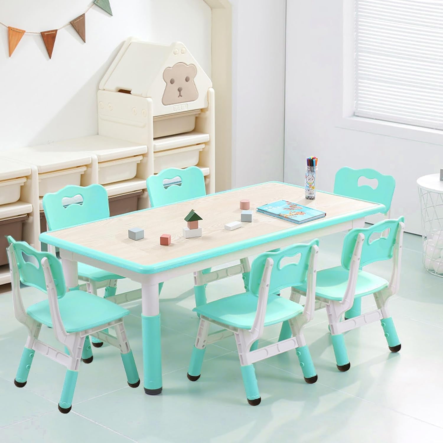 FunsLane Kids Table and Chairs Set, Height Adjustable Desk with 6 Seats for Ages 2-10,Arts & Crafts Table,Graffiti Desktop, Non-Slip Legs, Max 300lbs, Children Multi-Activity Table for Classrooms