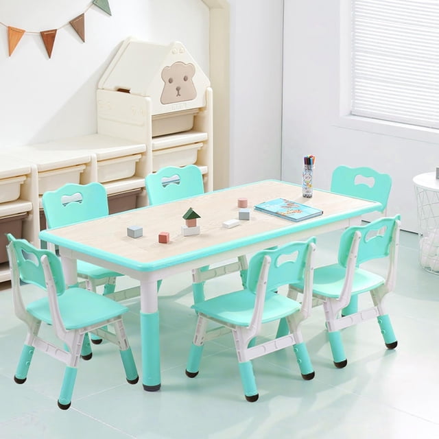 Bingirl Kids Table and Chairs Set of 7 Height Adjustable Desk with 6 Seats Arts & Crafts Table Graffiti Desktop Non-Slip Legs Children Multi-Activity Table