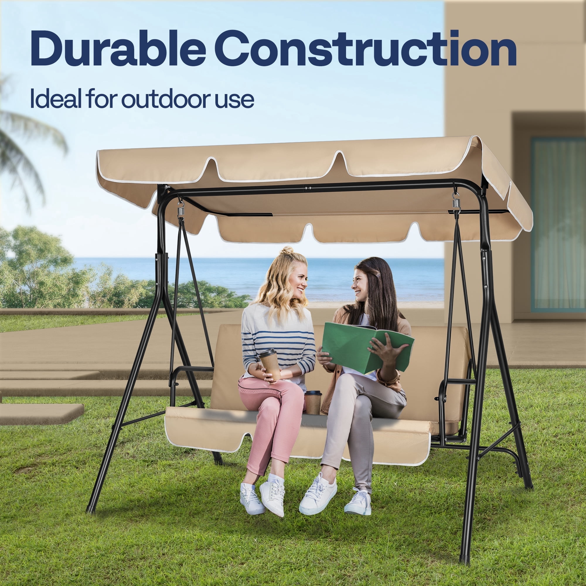 SPECSTAR 3 Seats Patio Porch Swing Chair, Converting Canopy,Removable Cushion,Cushioned Steel Frame Porch Canopy Swing Chair for Patio Garden,Beige