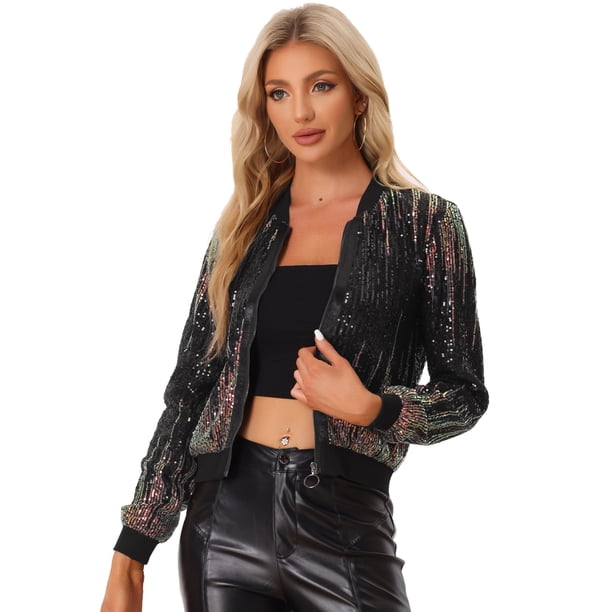 Chaqueta de Lentejuelas Allegra K para Mujer Brillante Ombre Manga Larga Cremallera Negro L