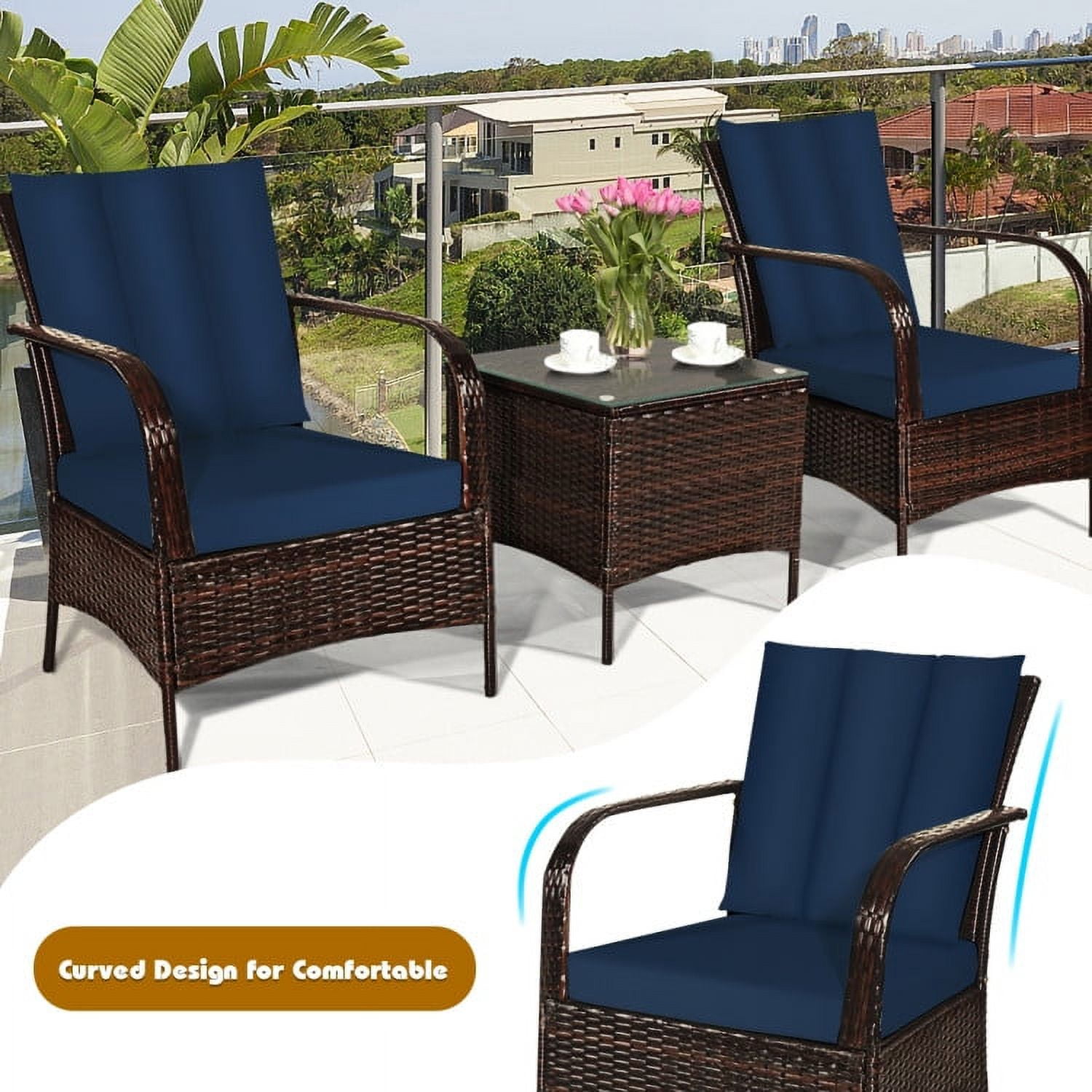 Aimee Lii 3 Pcs Patio Conversation Rattan Furniture Set, Small Patio Set with Glass Top Coffee Table and Cushions, Navy Aimee Lii 3 Pcs Patio Conversation Rattan Furniture Set, Small Patio Set with Glass Top Coffee Table and Cushions, Navy