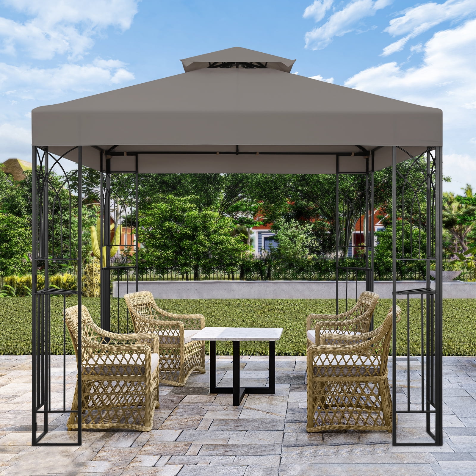 COOS BAY 8x8 Outdoor Patio Gazebo with Corner Shelves, Two-Tier Soft Top Canopy for Backyard, Lawn, Deck and Garden, Gray