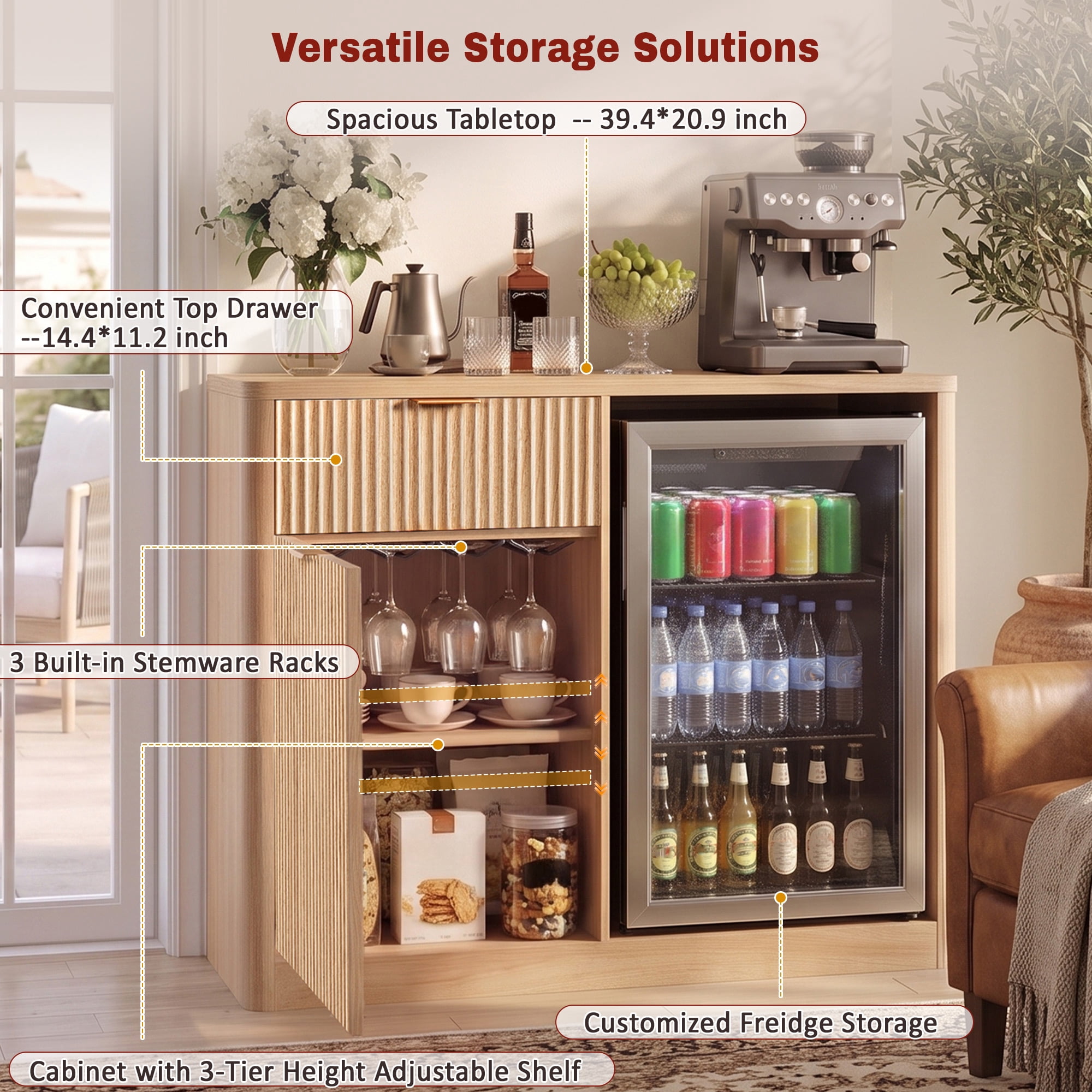 Mintazer 39" Modern Fluted Coffee Bar Cabinet with Fridge Space & Charging Station, Sideboard Beverage Station with Wine Glass Rack & Adjustable Shelves for Dining Room Living Room Apartment, Natural