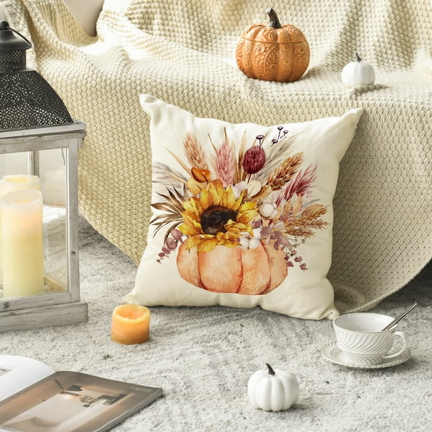 Smile Fall Pumpkin Wheat Cotton Sunflower Jar Autumn Thanksgiving Throw Pillow Covers 16 x 16 Inch Seasonal Cushion Case for Sofa Couch Set of 4 Walmart Business Supplies