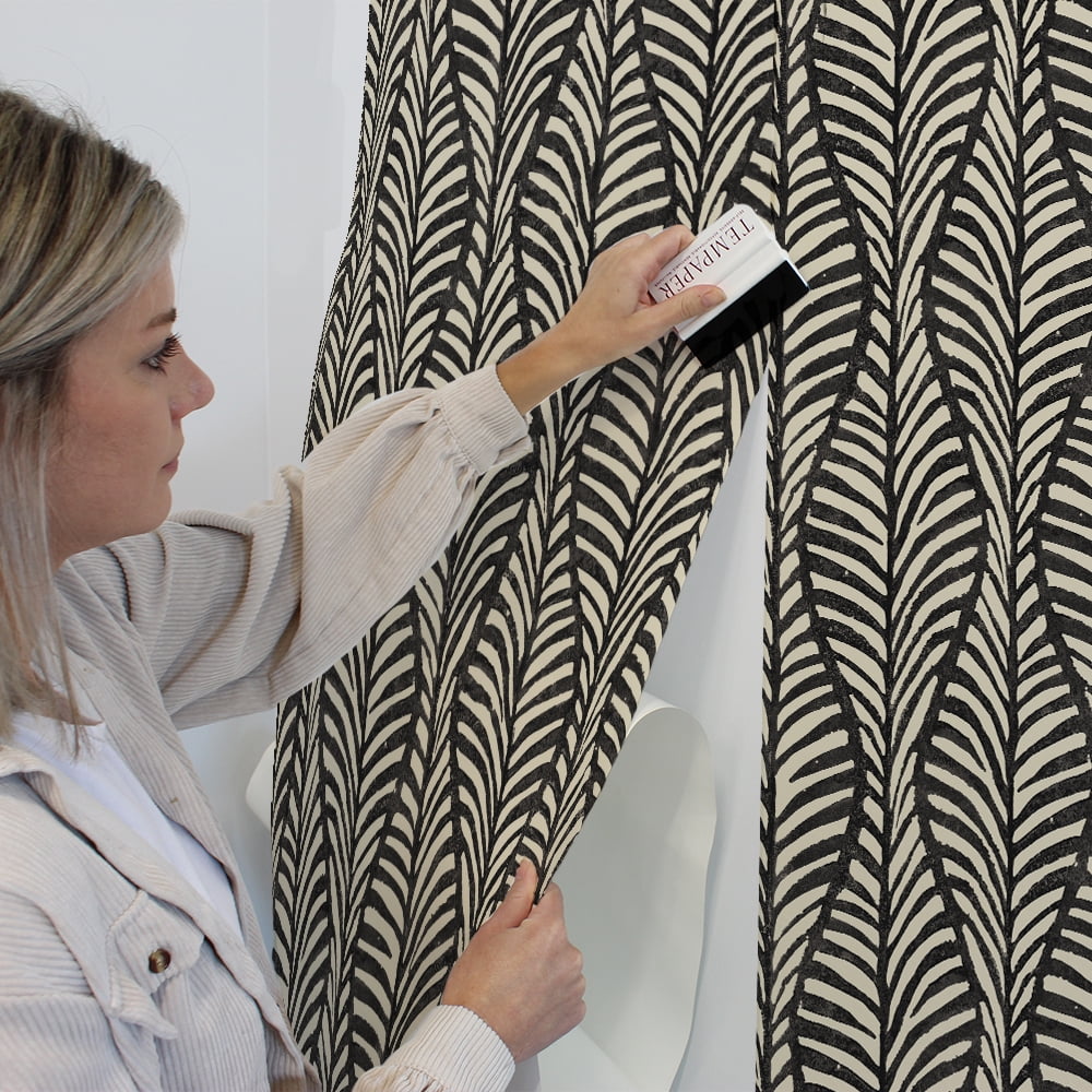 Tempaper Block Print Leaves Black Peel and Stick Wallpaper, 20.5" x 16.5'