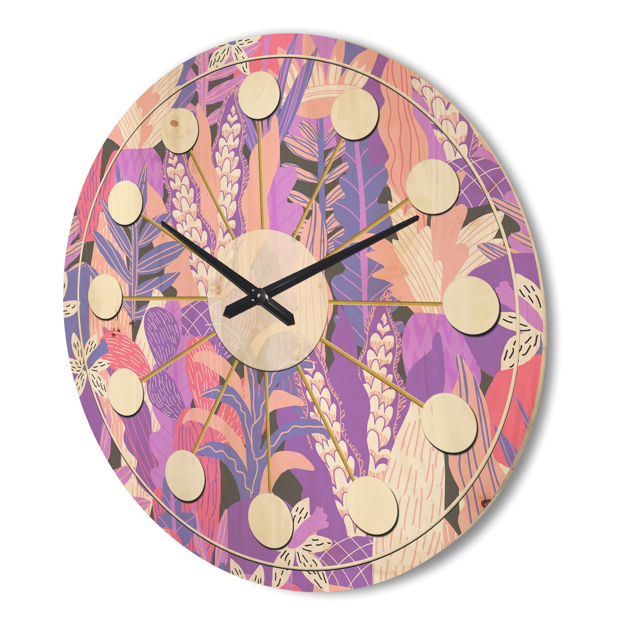 Designart 'Purple Fantasy Flowers' Mid-Century Modern Wood Wall Clock
