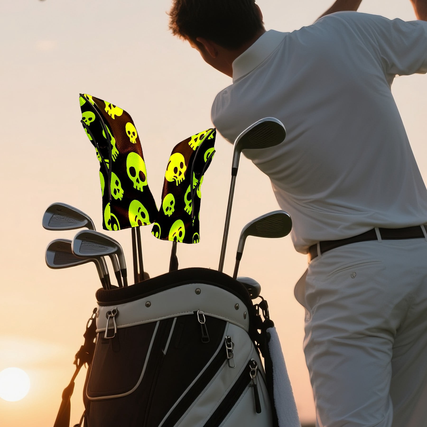 Golf Club Covers, Yellow Skeleton Premium PU Leather Driver Hybrid Putter Head Covers with Velvet Lining, Waterproof Golf Gifts for Men Women
