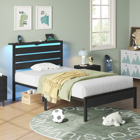Greenstell Twin Bed Frame with Storage Headboard, Wood Platform Bed with LED Lights & USB Charging Station, Single Bed Frame with Metal Slats, Black
