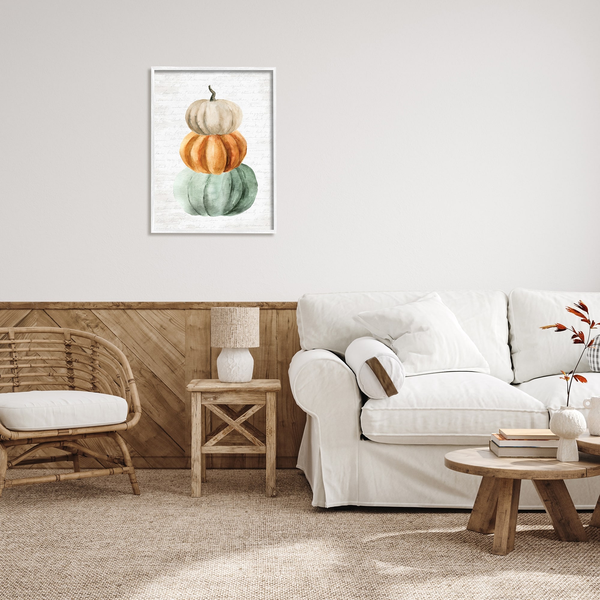 Stacked Autumn Fall Pumpkins Cursive Words Background Botanical & Floral Painting Framed Art Print Wall Art