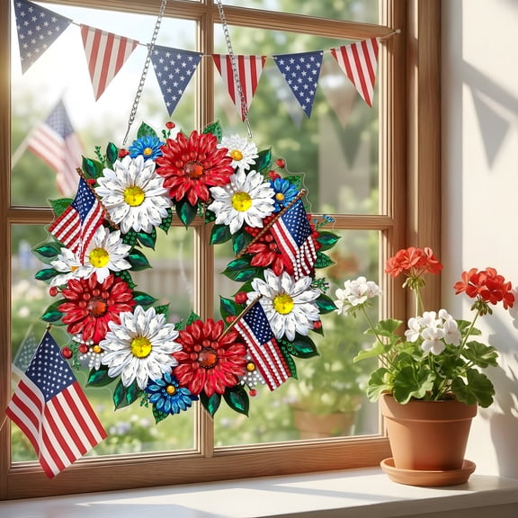 FLOPESN DIY Diamond Art Kits, American Independence Day Wreath Style, 9.84*9.84 in Diamond Painting Pendant, Creative Design Wall Decor