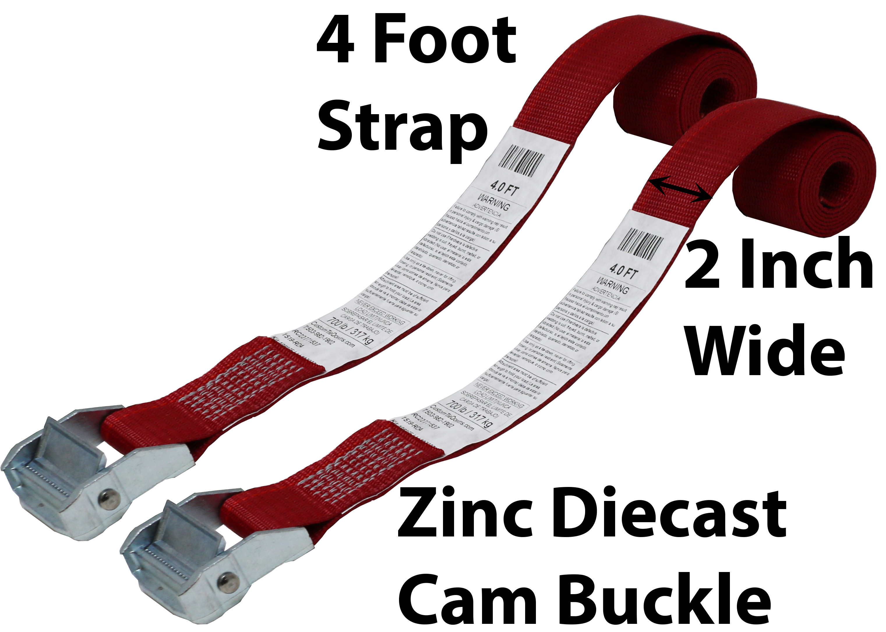 CustomTieDowns 2 Pack, 2 Inch x 4 Foot Cinch Strap Endless Loop Tie Down (No Hooks). Zinc Diecast Rust Proof Cam Buckle, Polyester Tie-down Webbing. (Dark Red) 1614 - image 4 of 4