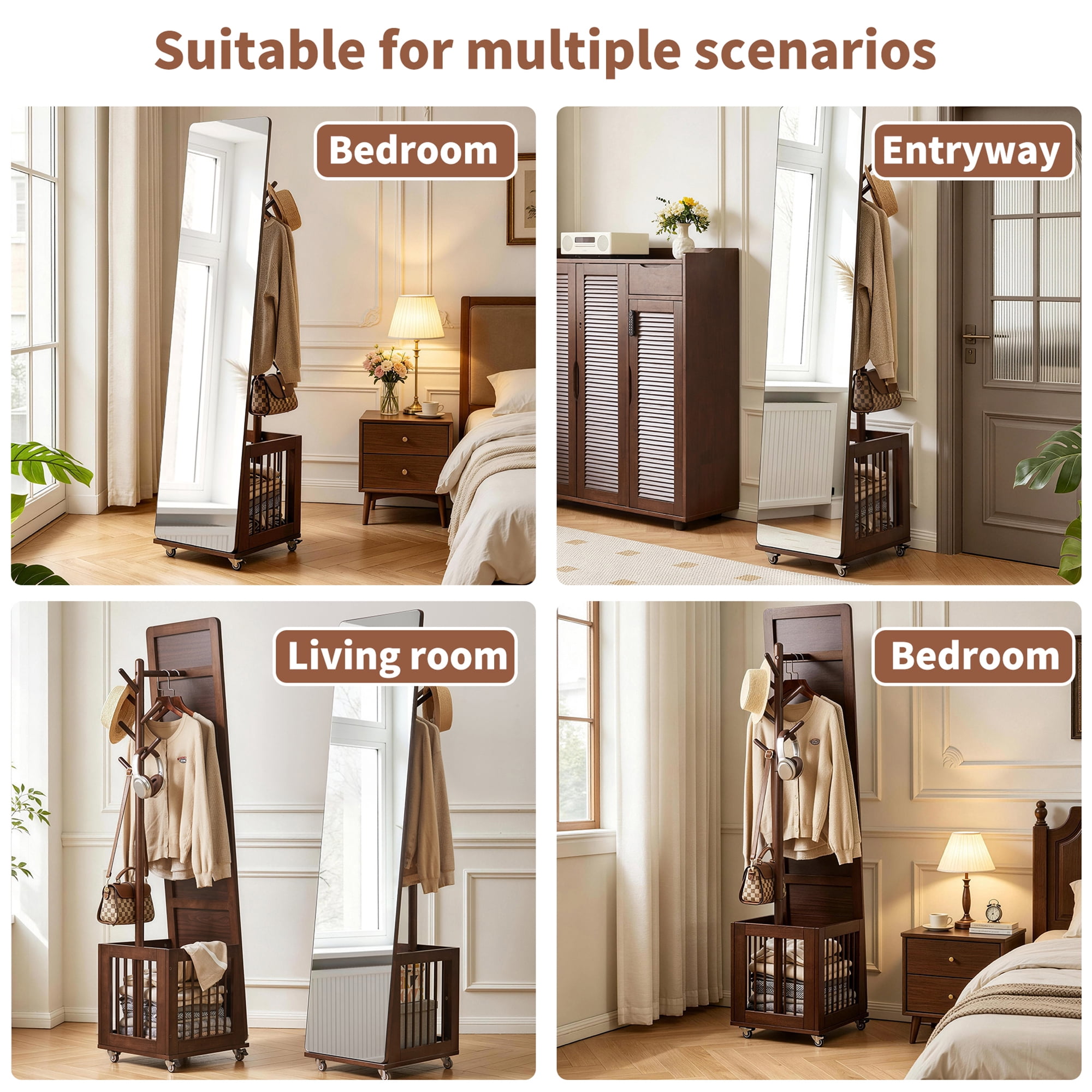 Coat Rack with Rolling Wheels and Storage Basket, Solid Wood Garment Stand and Mobile Clothes Organizer with Mirror for Entryway Hall Closet, Walnut