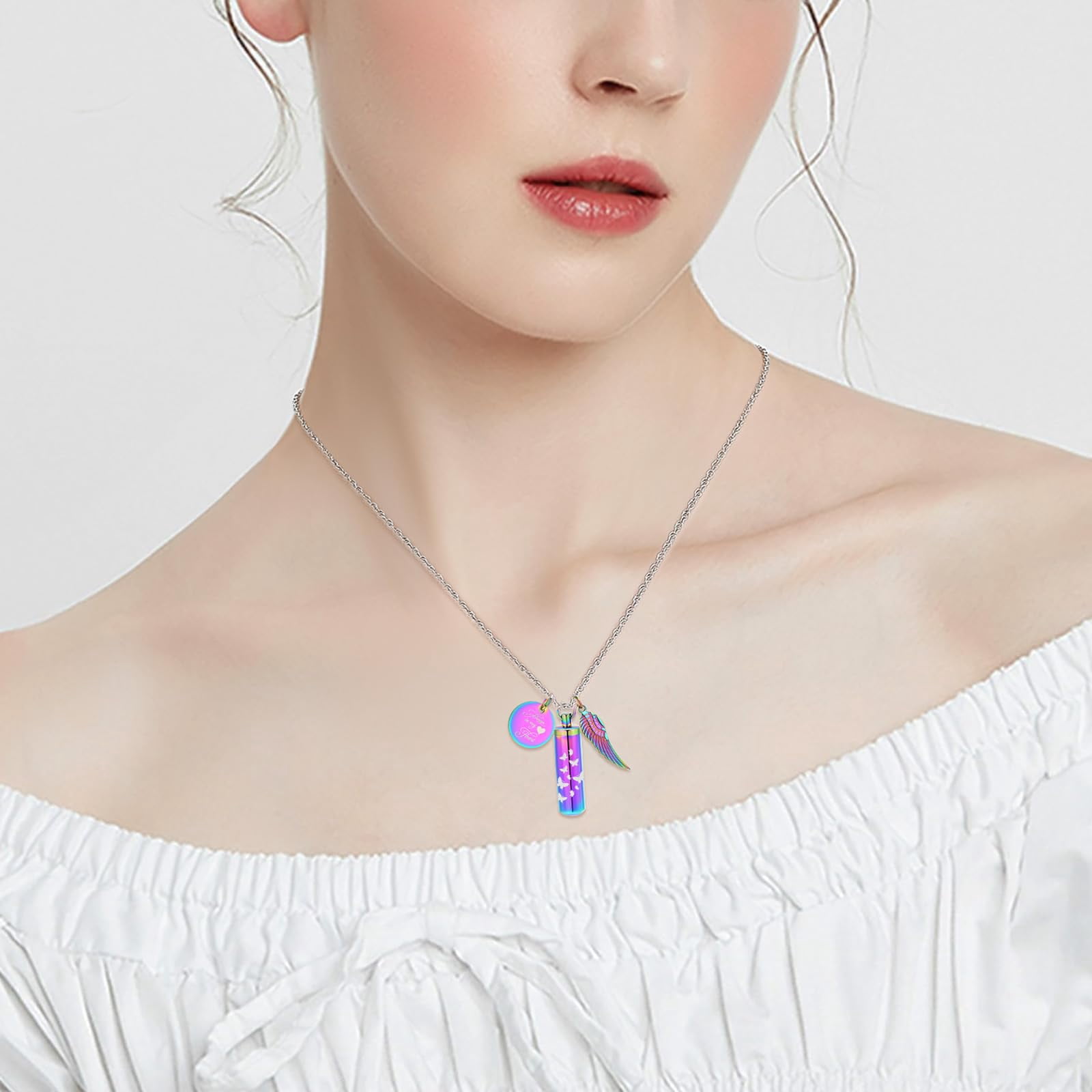 Personalize Cylinder Urn Ashes Necklace for Women Men Butterfly Cremation Jewelry Ash Loved One Memorial Angel Wing Pendant
