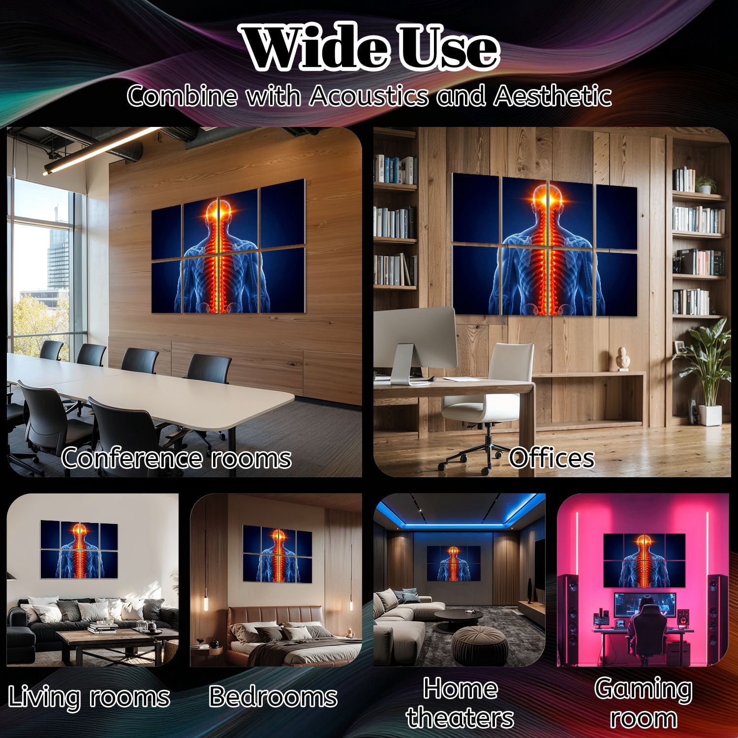 Medical 8 Pack Art Acoustic Panels Sound Absorbing Glowing Human Spine Anatomy Radiant Nervous System Skeletal Structure Decorative Soundproof Wall Panels Self Adhesive for Classroom Hospital 48"x32"