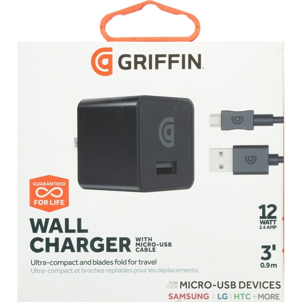 apotheker Virus Verdeel Griffin (12W/2.4A) USB Wall Charger/Adapter and 3-Ft Micro-USB Cable -  Black - Walmart.com