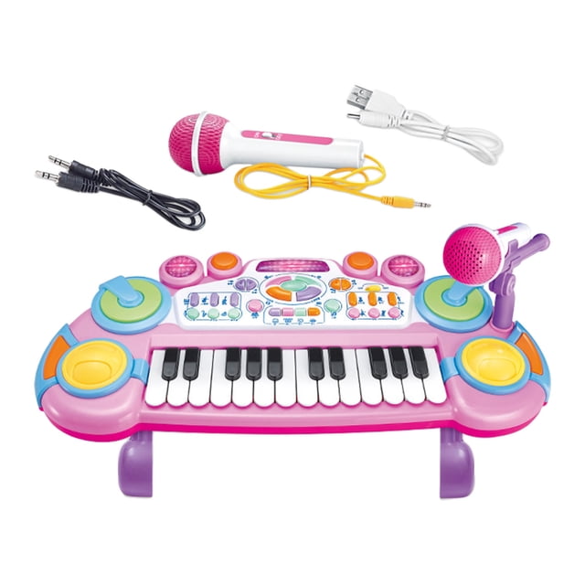 Teclado de piano de juguete de 24 teclas con micrófono, juguete educativo para la enseñanza temprana de la música. Rosado