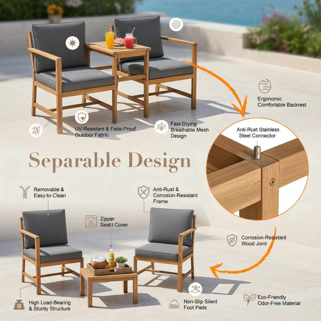 Hommoo 3-Piece Acacia Wood Outdoor Loveseat Set with Detachable Coffee Table & Removable Cushions, Teak Patio Furniture for Backyard, Balcony & Poolside, Natural