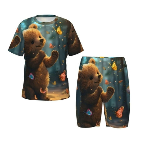 Luyuia Cute Butterfly Bear Print Girls  2-Piece Tie-Dye Pajama Set  Cute Summer Loungewear with Shirt and Tank Shorts Nightwear-Small
