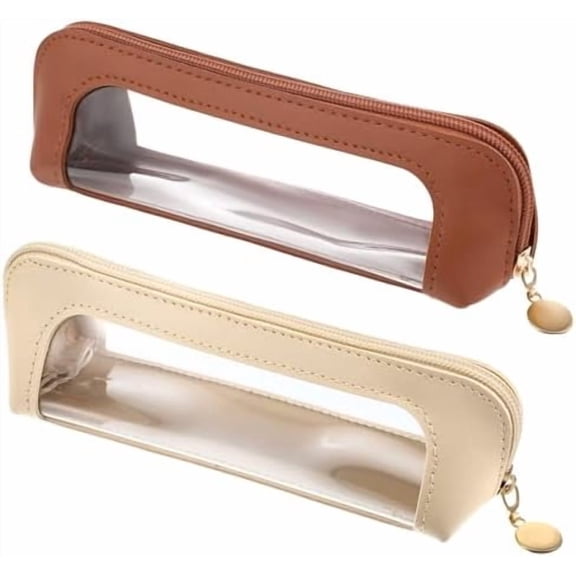 Leather Transparent Cosmetic Pouch Makeup Case with Zipper, Brown, 2 Piece