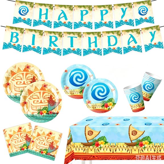 52pcs Tropical Island Themed Birthday Party Supplies, Disposable Tableware Set, Include Happy Birthday Banner, Paper Plates, Cups, Napkins, Tablecloth for Kids Birthday Party Decorations