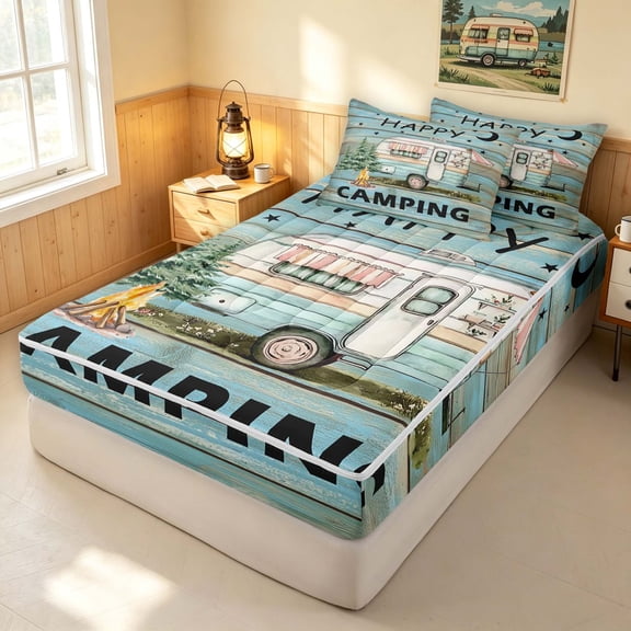 Erosebridal Happy Camping Zipper Twin Comforter Sets with Fitted Sheet and 2 Pillowcases, Teal Farmhouse Lodge Cabin Zipper Bedding Set, Black Reversible