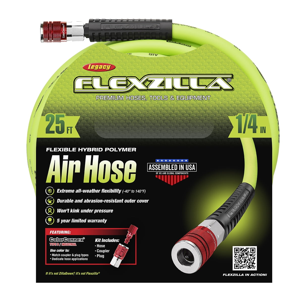 Flexzilla® Air Hose Kit, 3-Piece, 1/4" x 25', ZillaGreen™, with ColorConnex® Coupler and Plug, Type D, Red