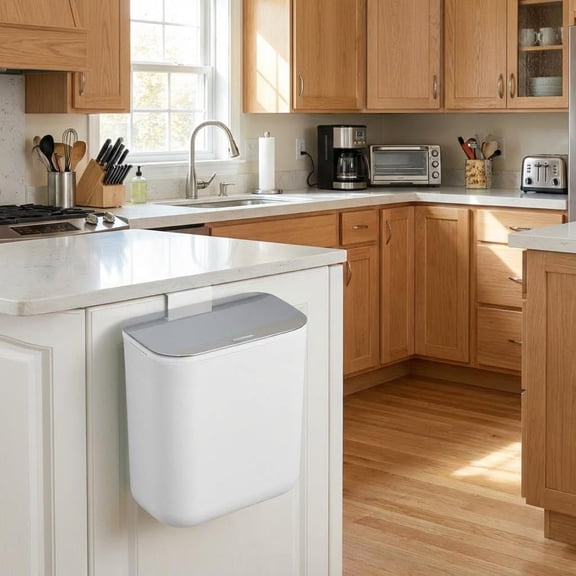 2.38 Gallon / 9 Liter Compost Bin Hanging Trash Can Stainless Steel Garbage Can with Stainless Steel Lid and Hanging Hook, for Kitchen、Bathroom& Offices, White