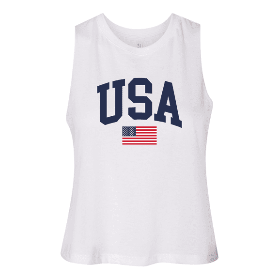 Trenz Shirt Company Women's USA American Flag Patriotic Fourth of July Independence Day Racerback Crop Tank-White-Small