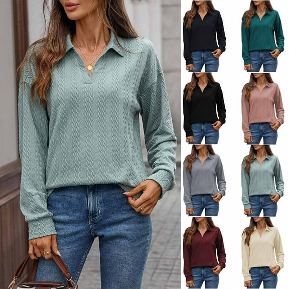 Olyvenn Women's Button Collared Shirts Long Sleeve Casual Loose Fit Plain Knit Golf Tshirts Fall Lightweight V-Neck Sports Work Trendy Tees Beige M