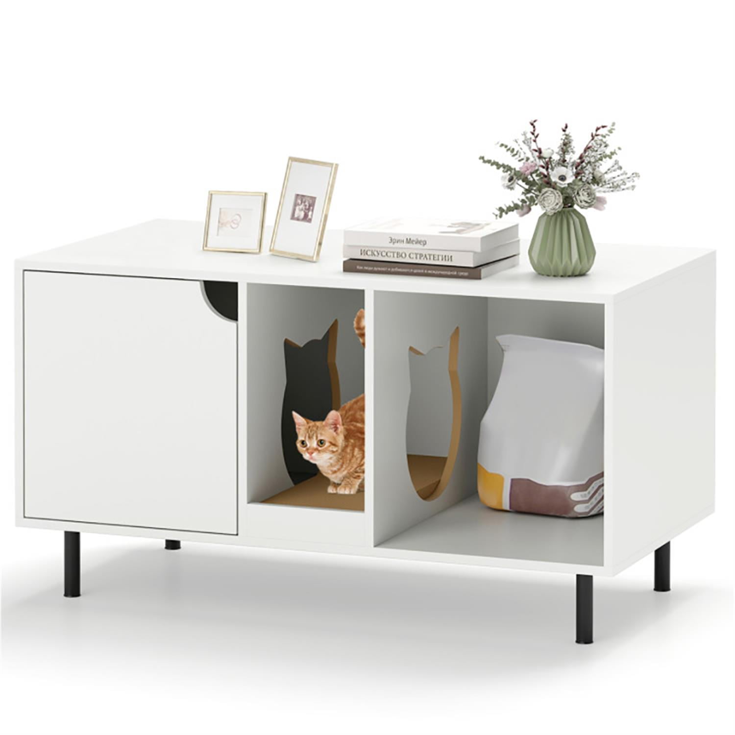 resenkos 40" Cat Litter Box Enclosure Furniture with Scratching Board, Hidden Litter Box for Cats, Cat House Furniture for Side Table or Nightstand, White