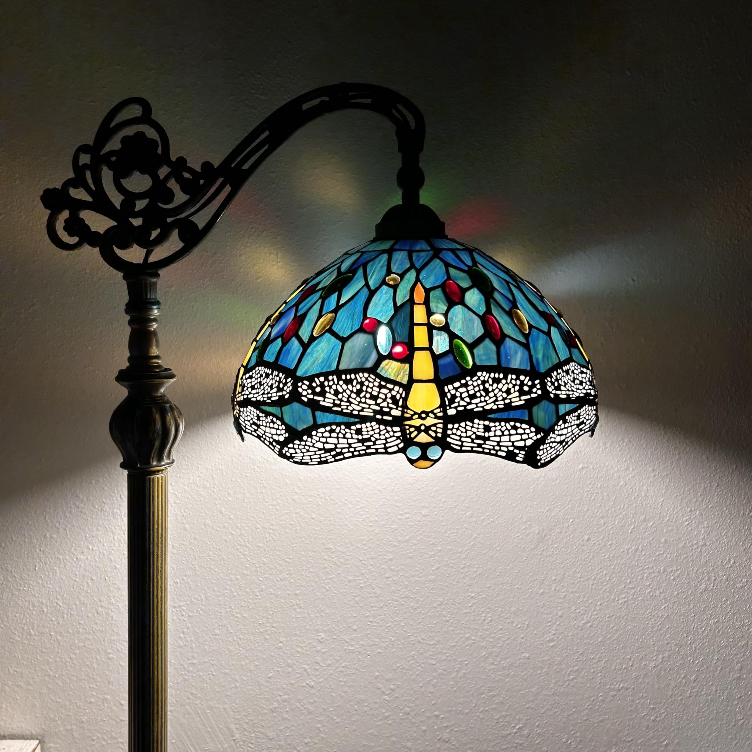 Enjoy Décor Lamps Tiffany 1-Light Dragonfly Gooseneck Adjustable LED Bulb Included Reading Floor Lamp with Stained Glass Bowl Multicolor