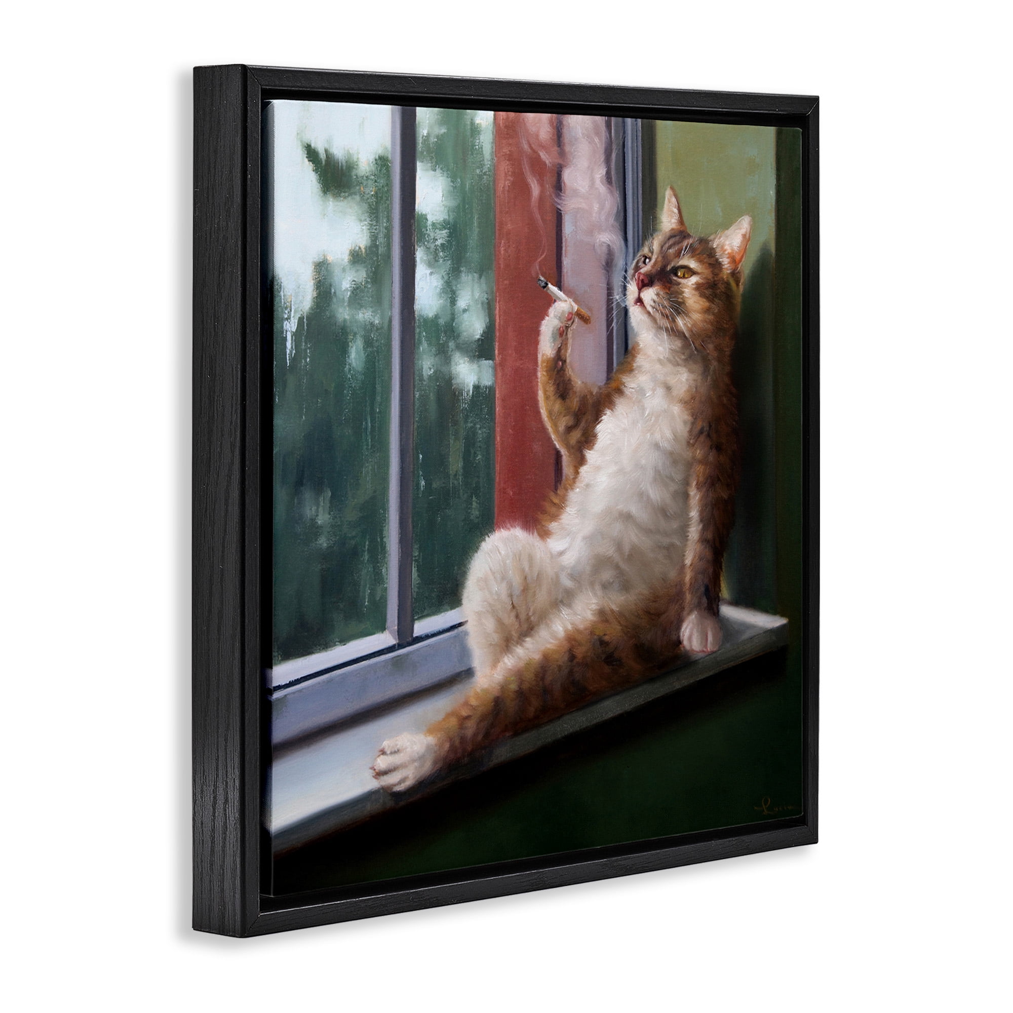 Stupell Industries Cat Smoking Lounging in Window Animals & Insects Painting Black Floater Framed Canvas Art Print Wall Art, 18 x 18